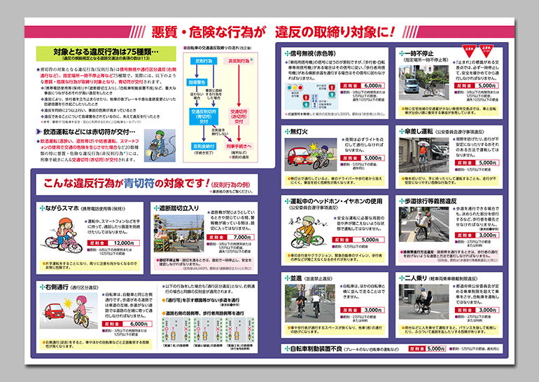 令和8年4月1日施行 道路交通法一部改正チラシ
「自転車の違反に反則金！」
