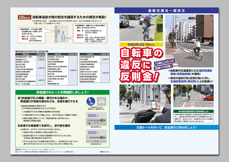 令和8年4月1日施行 道路交通法一部改正チラシ
「自転車の違反に反則金！」