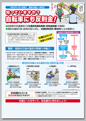 令和8年4月1日施行 道路交通法一部改正チラシ
「知っていますか？自転車にも反則金！」