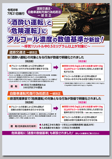 令和8年7月21日施行
道路交通法・自動車運転死傷行為処罰法一部改正チラシ
「酒酔い運転と危険運転に数値基準が新設！」