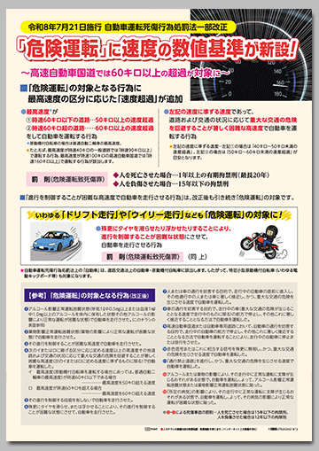 令和8年7月21日施行
道路交通法・自動車運転死傷行為処罰法一部改正チラシ
「酒酔い運転と危険運転に数値基準が新設！」